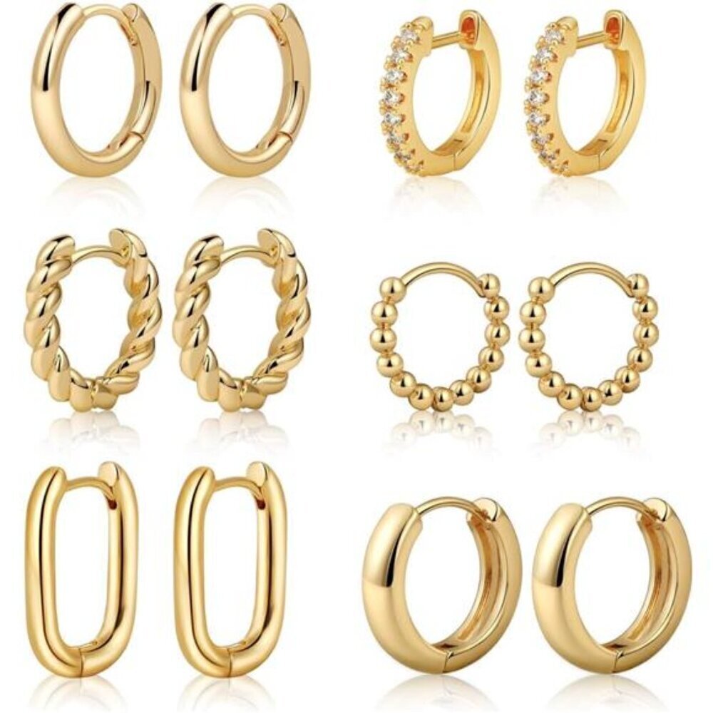 Gold Huggie Hoop Earrings 6 Pair Set for Women